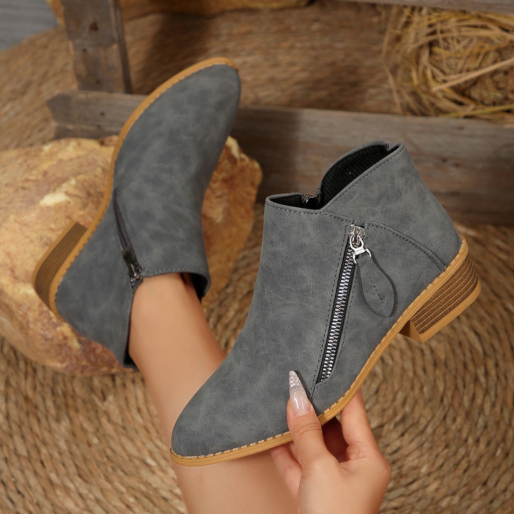 Low Block Heel Side Zip Ankle Booties - Gray