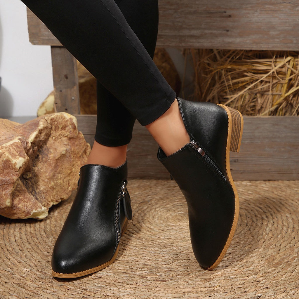 Low Block Heel Side Zip Ankle Booties