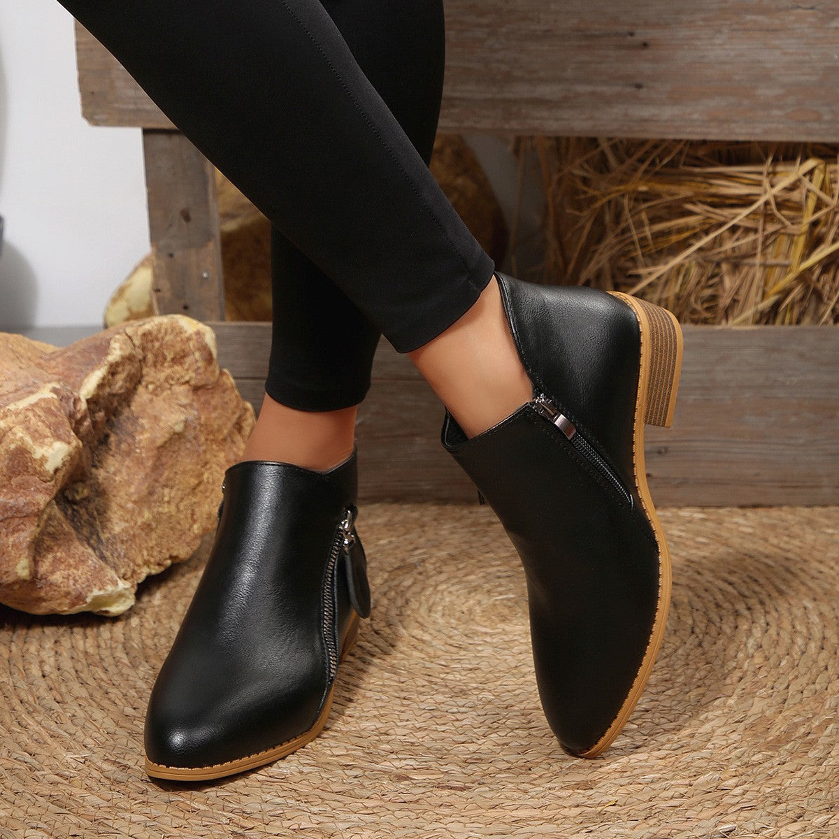 Low Block Heel Side Zip Ankle Booties