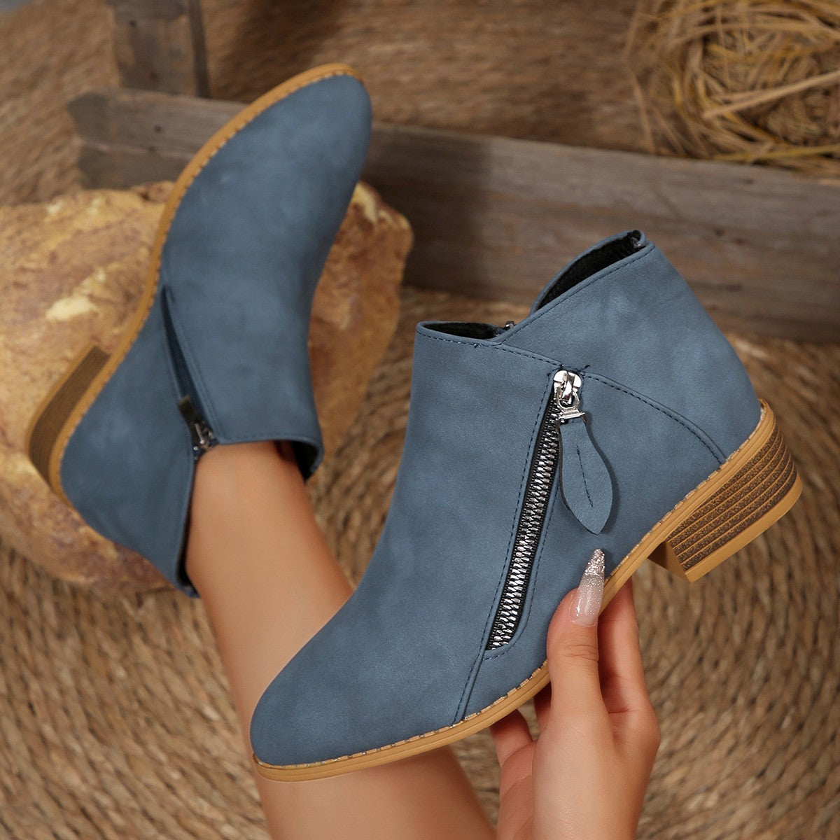 Low Block Heel Side Zip Ankle Booties