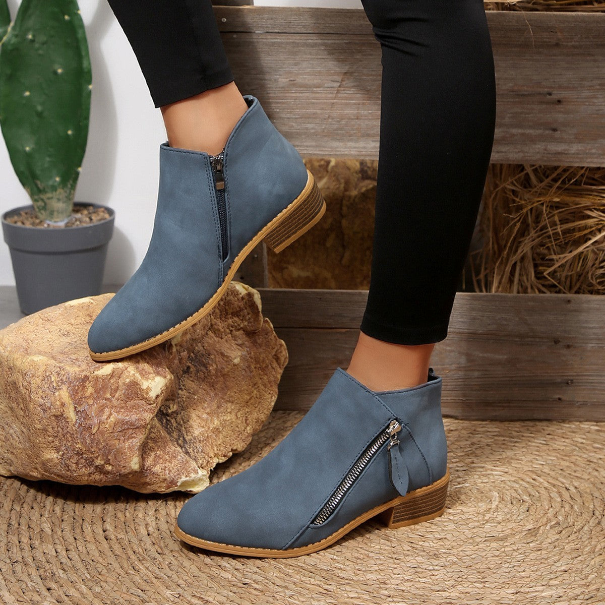 Low Block Heel Side Zip Ankle Booties