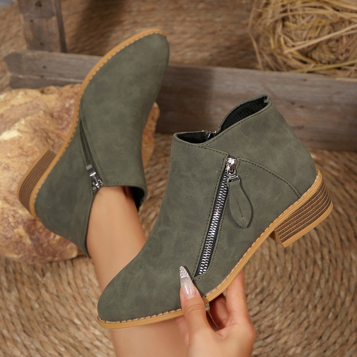 Low Block Heel Side Zip Ankle Booties