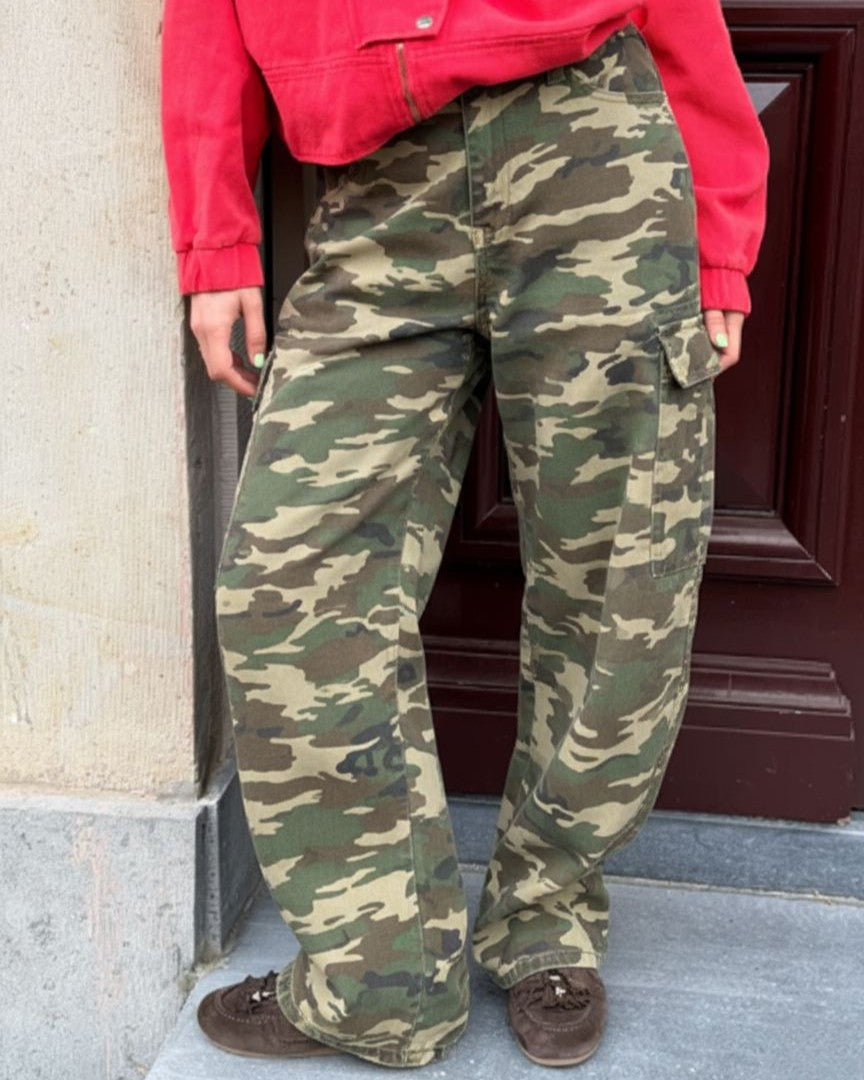 Camouflage Cargo Pocket Wide Leg Jeans - Green