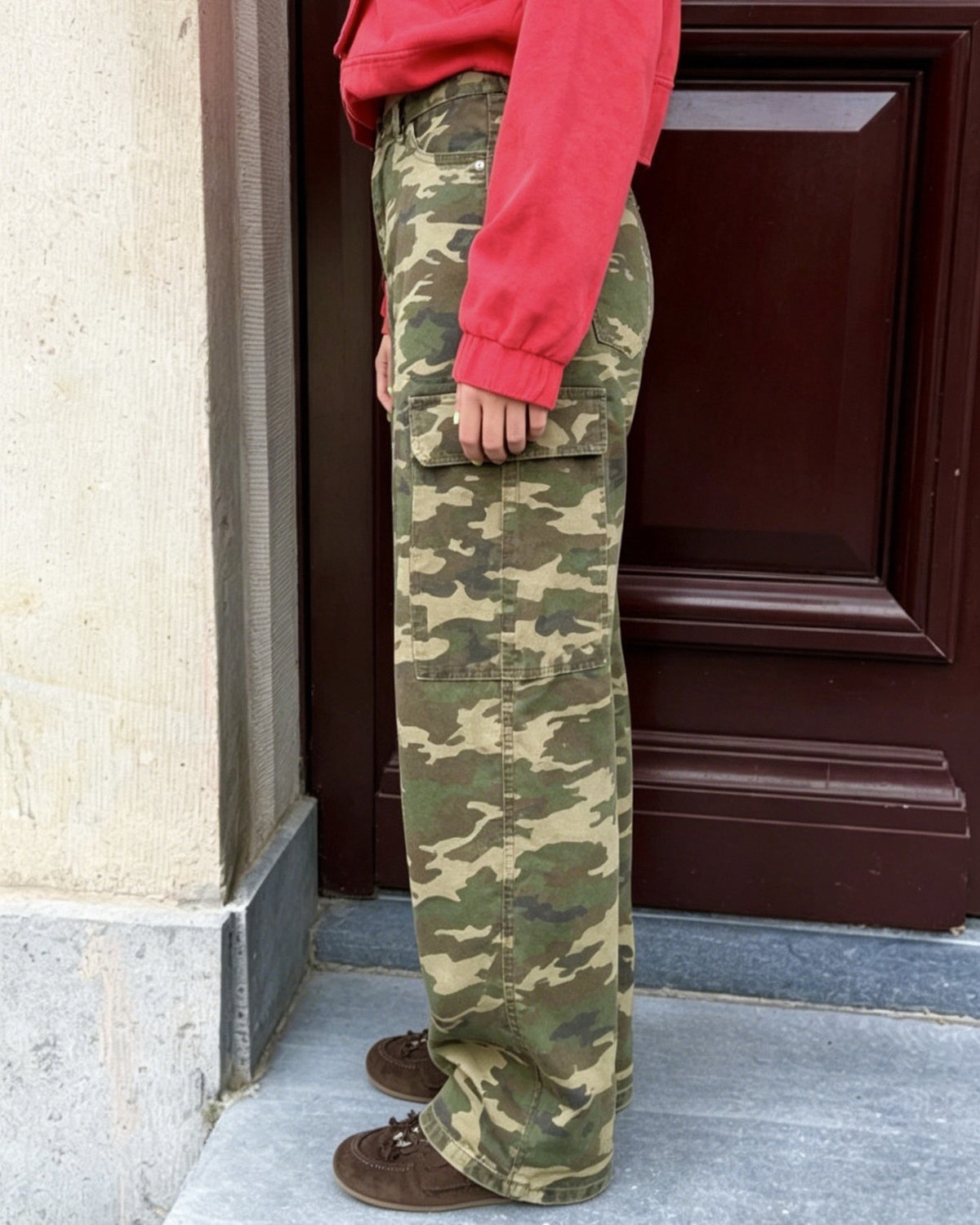 Camouflage Cargo Pocket Wide Leg Jeans - Green - 1