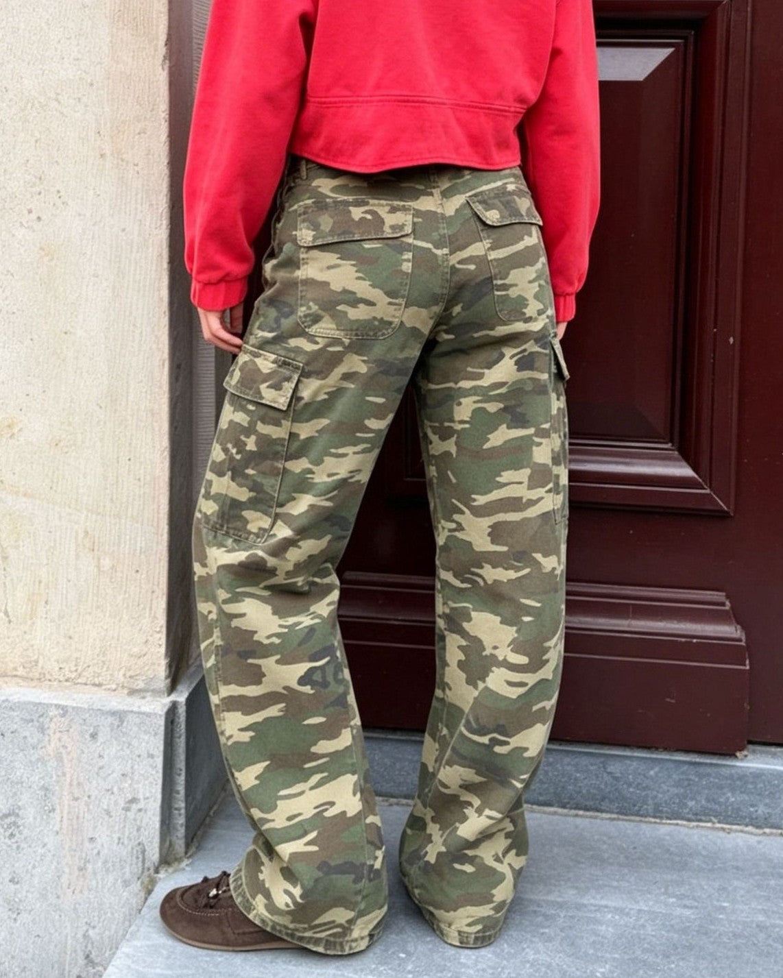 Camouflage Cargo Pocket Wide Leg Jeans - Green - 2