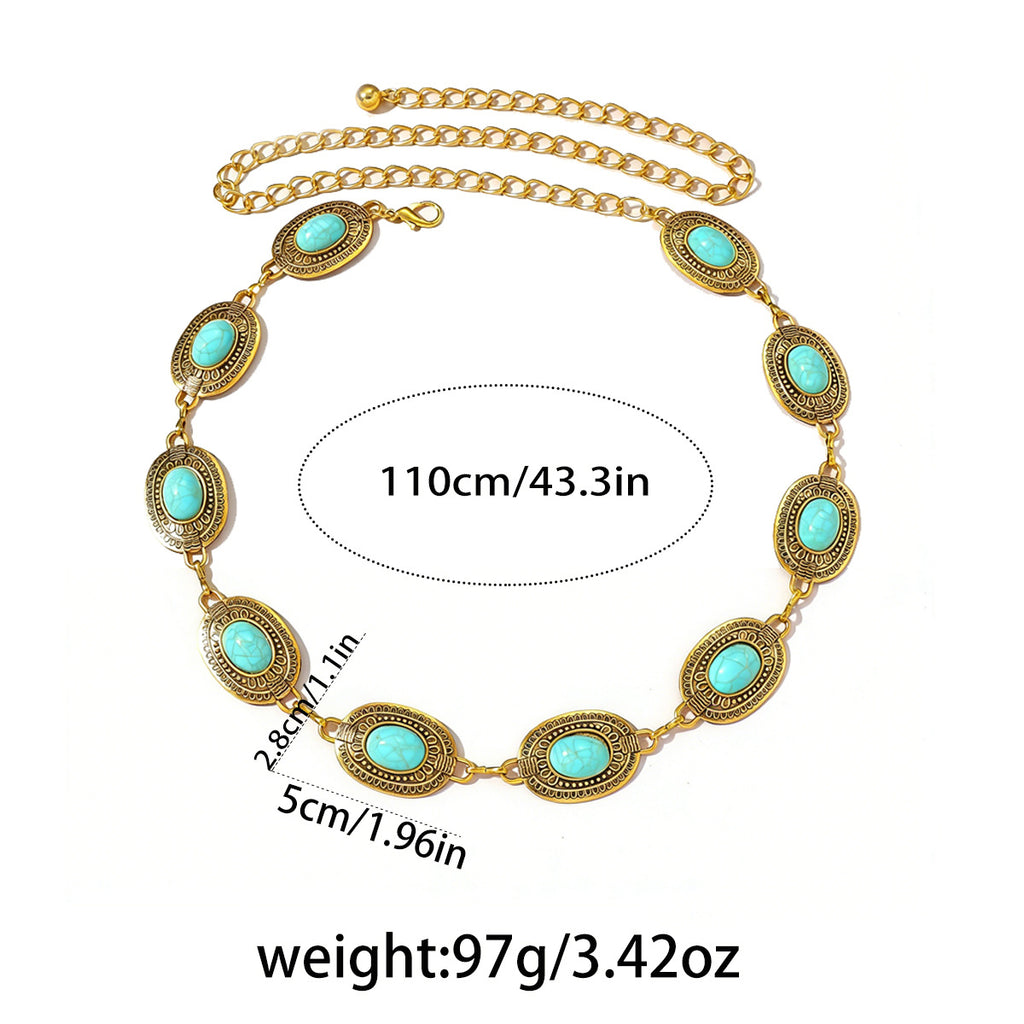Boho Turquoise Oval Stone Waist Chain Belt - Gold - 1