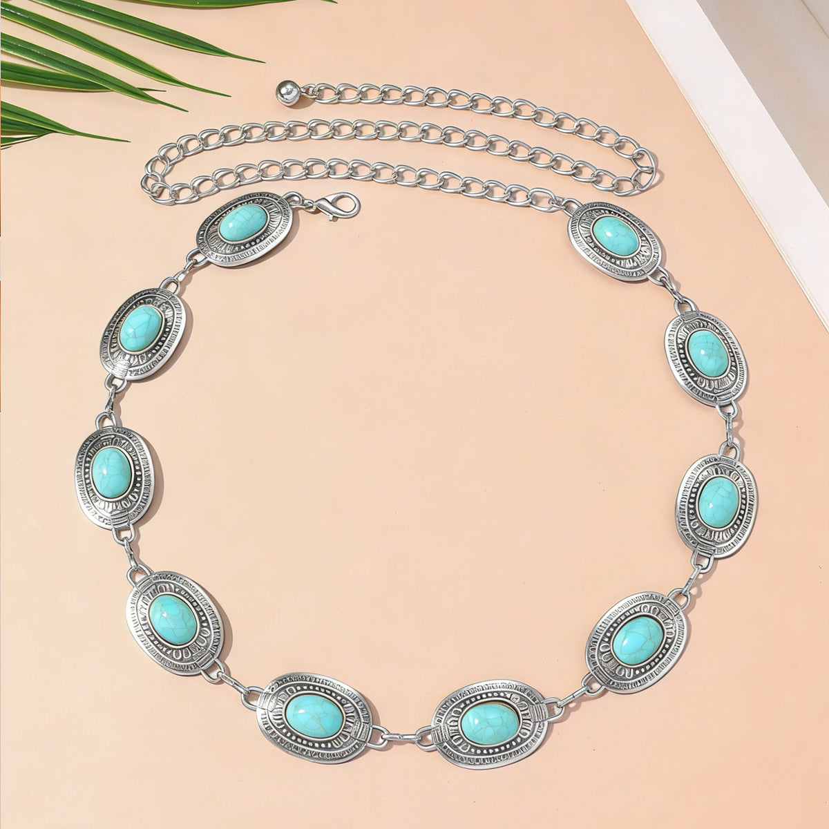 Boho Turquoise Oval Stone Waist Chain Belt - Silvery
