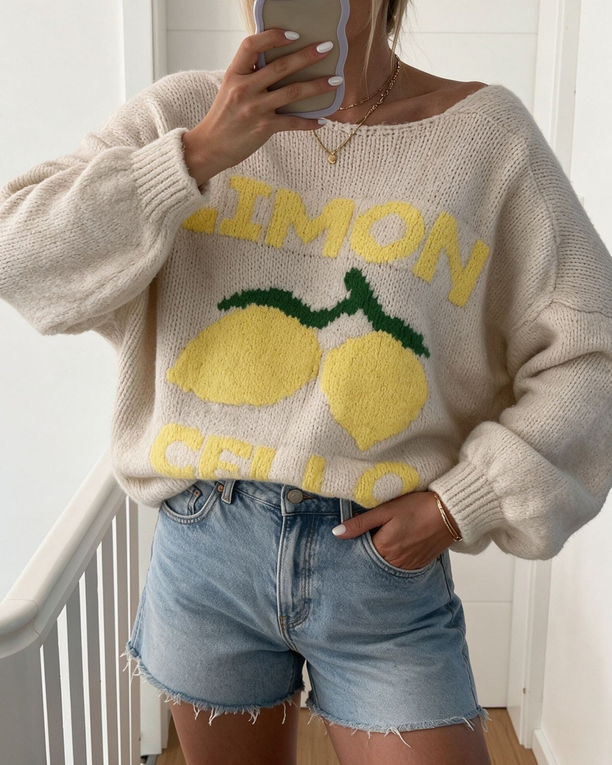 Lemon Intarsia Knit Cardigan With Balloon Sleeves - Apricot