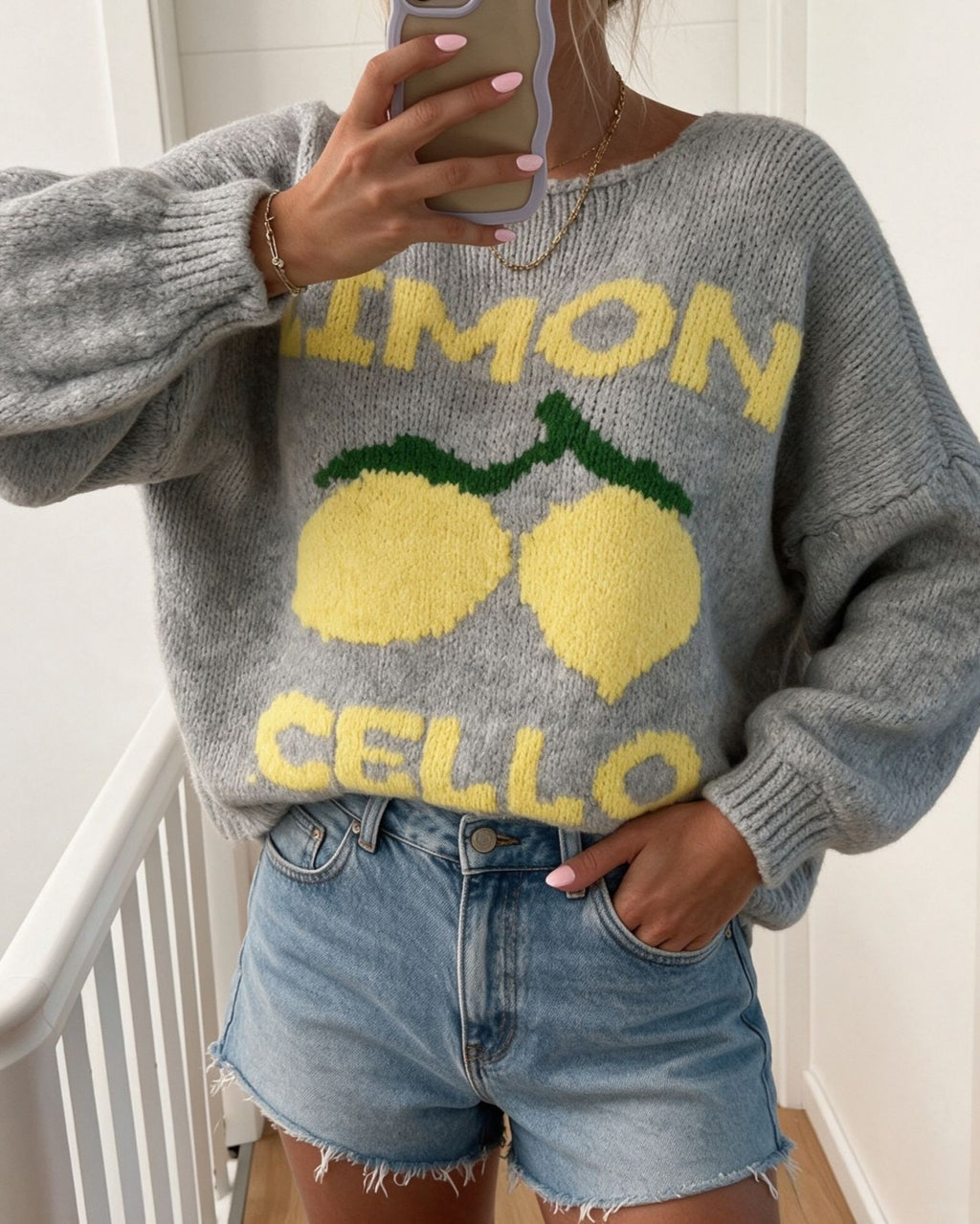 Lemon Intarsia Knit Cardigan With Balloon Sleeves - Grey