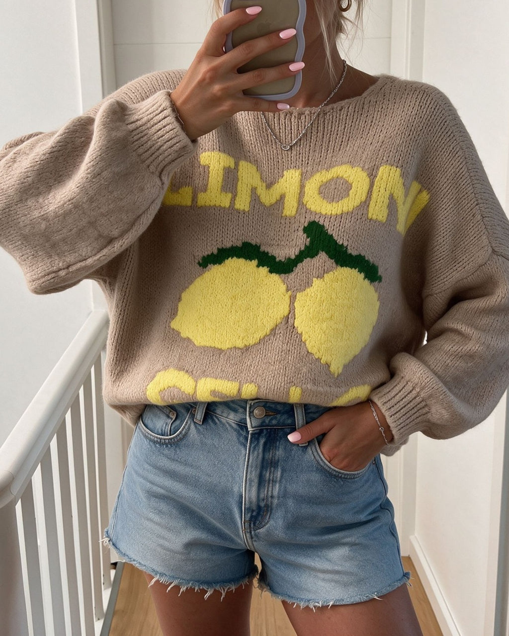 Lemon Intarsia Knit Cardigan With Balloon Sleeves - Khaki