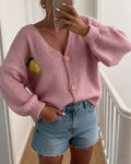 Lemon Intarsia Knit Cardigan With Balloon Sleeves - Pink