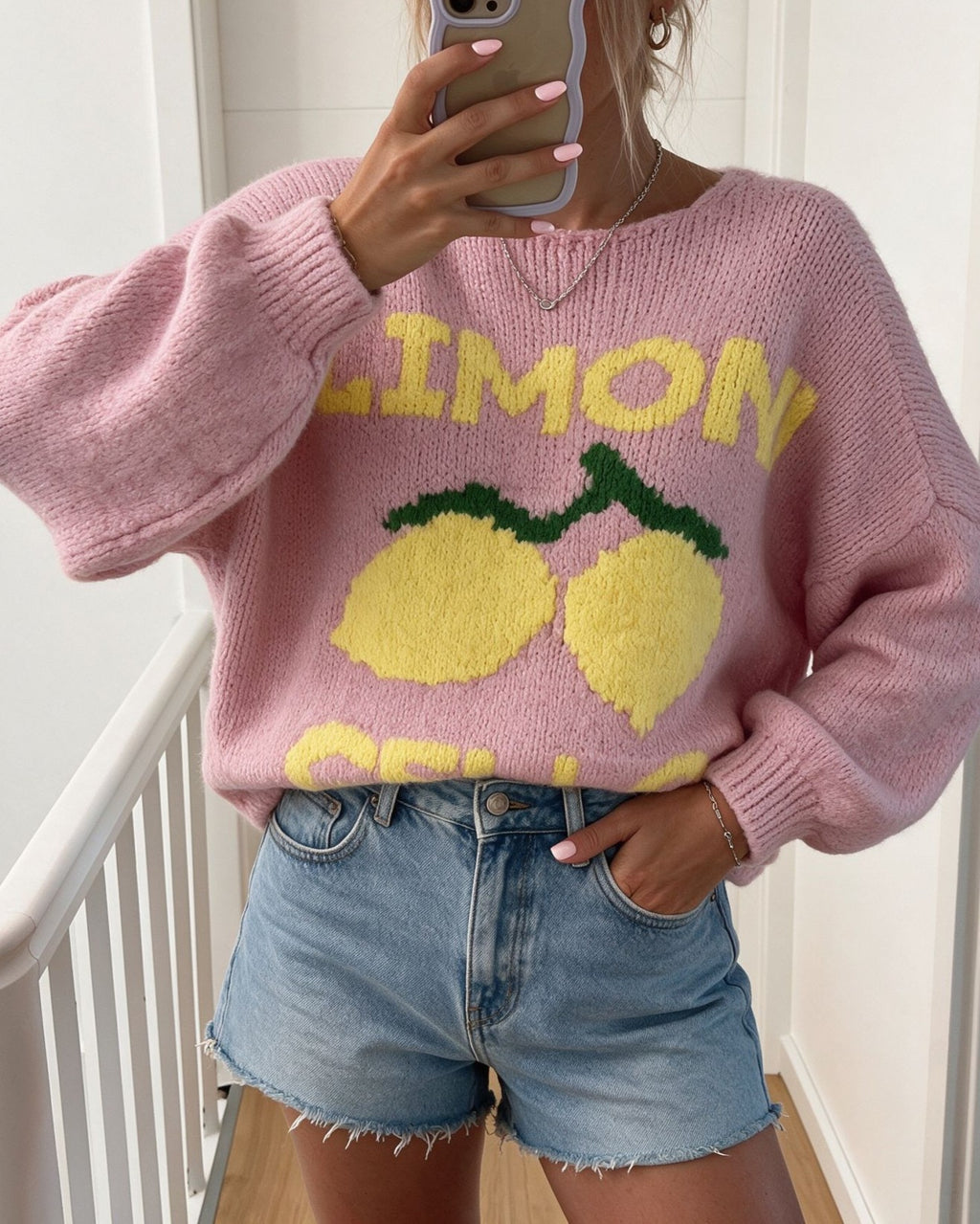 Lemon Intarsia Knit Cardigan With Balloon Sleeves - Pink - 1