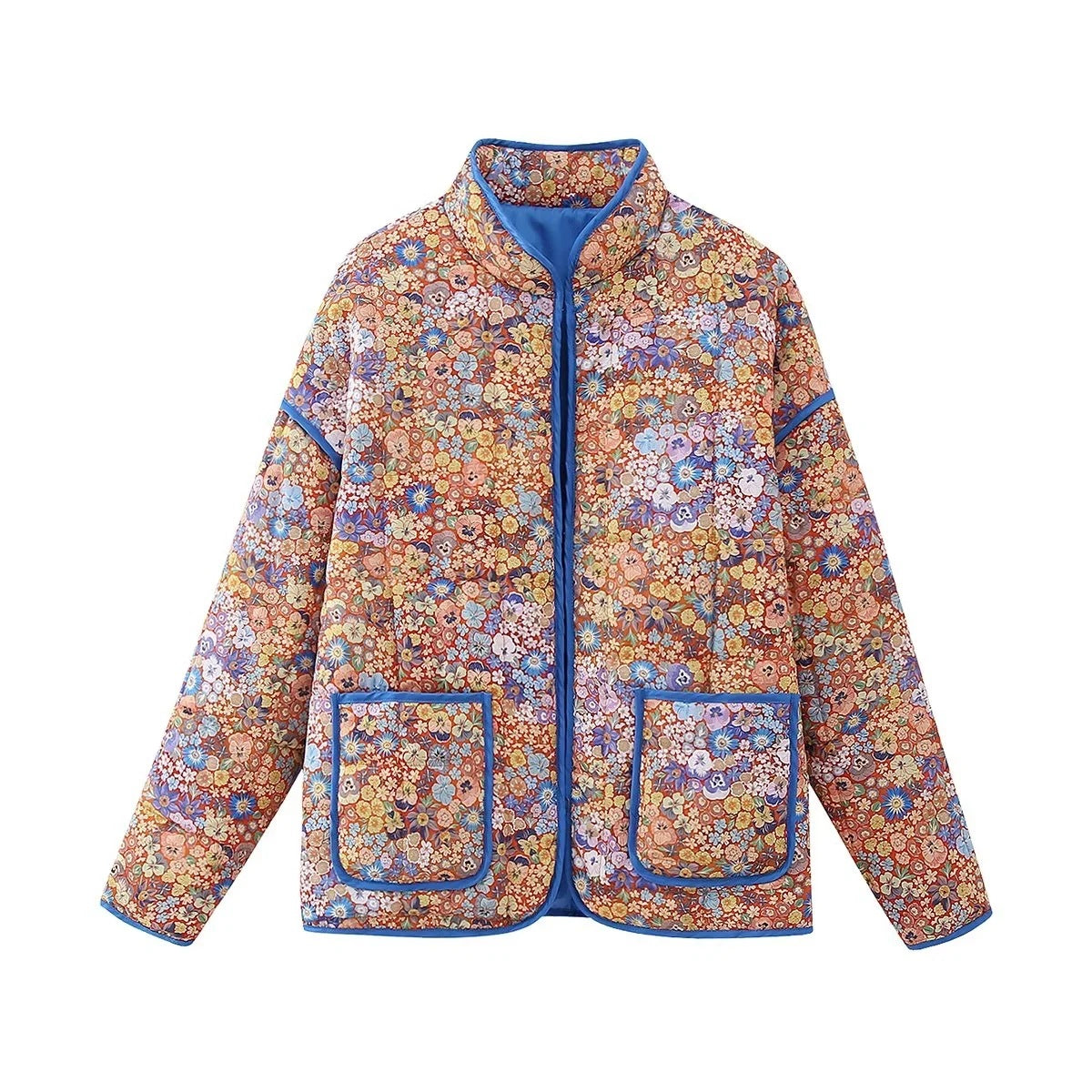 Contrast Trim Floral Padded Bomber Jacket - OrangeBlue