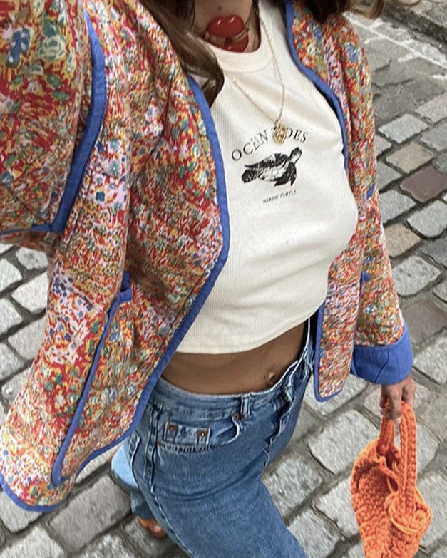 Contrast Trim Floral Quilted Jacket - OrangeBlue - 2