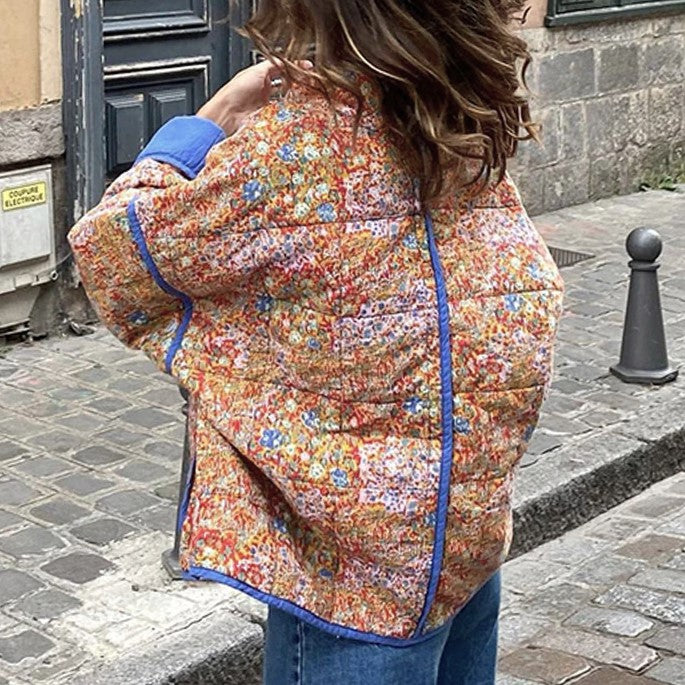 Contrast Trim Floral Quilted Jacket - OrangeBlue - 3