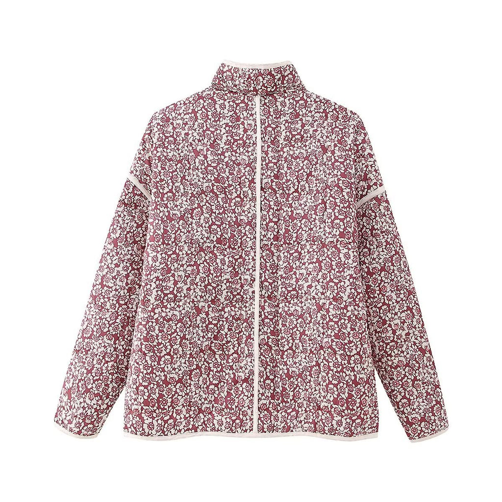 Contrast Trim Floral Quilted Jacket - WineRed - 1