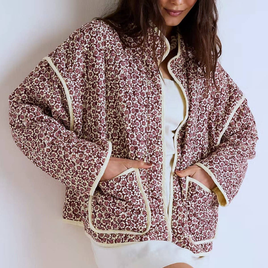 Contrast Trim Floral Quilted Jacket