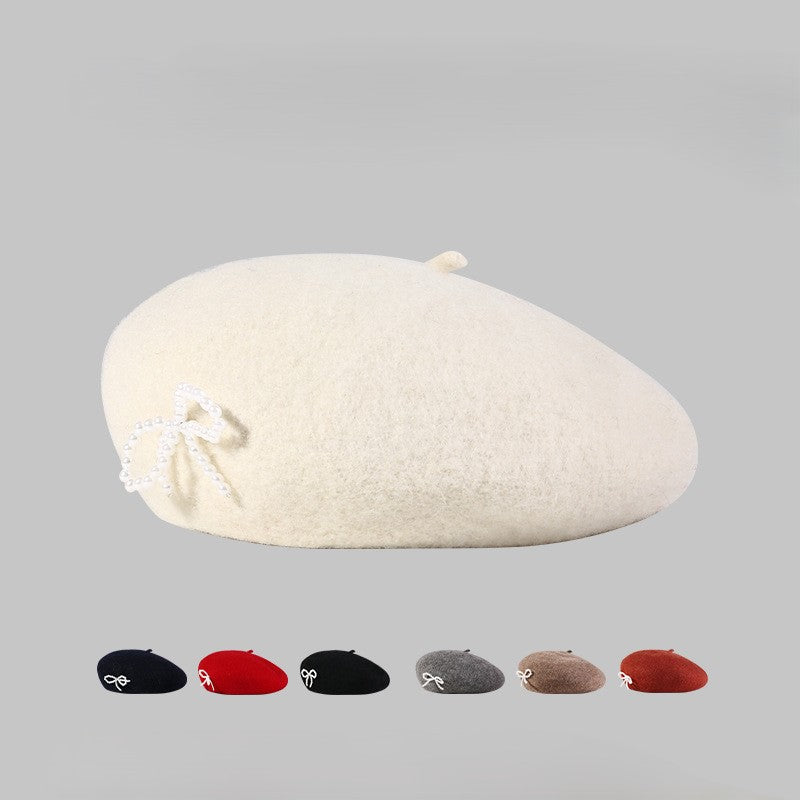 Pearl Bow Detail Beret Hat
