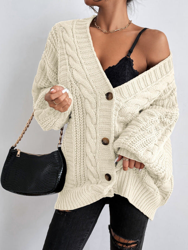 Chunky Cable Knit Balloon Sleeve Cardigan - Beige