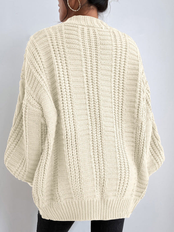 Chunky Cable Knit Balloon Sleeve Cardigan - Beige - 1