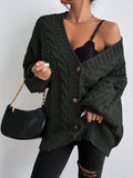 Chunky Cable Knit Balloon Sleeve Cardigan - Black