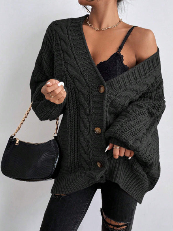 Chunky Cable Knit Balloon Sleeve Cardigan - Black