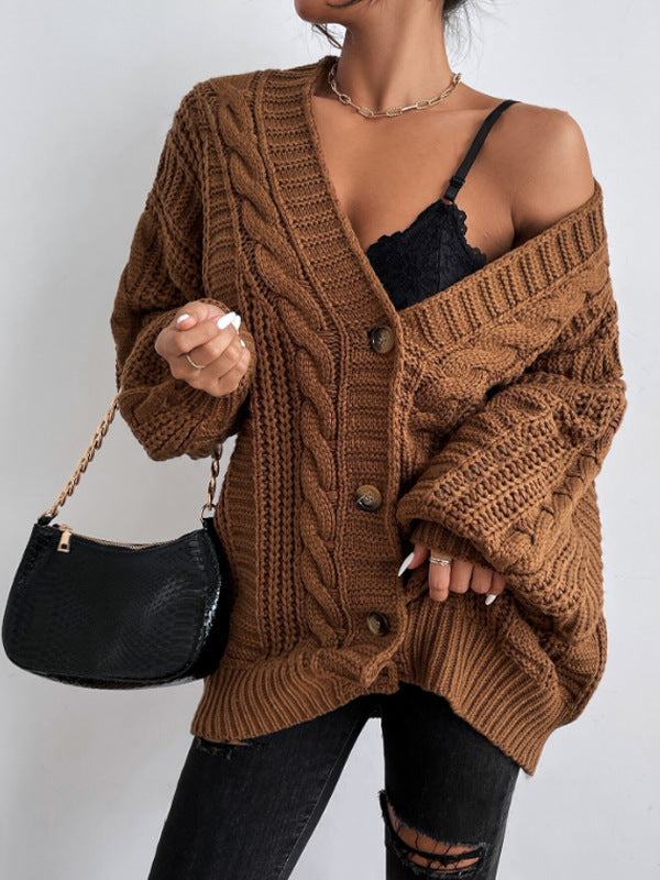 Chunky Cable Knit Balloon Sleeve Cardigan - Brown - 1