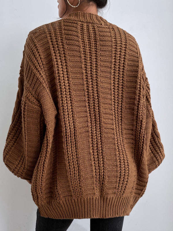 Chunky Cable Knit Balloon Sleeve Cardigan - Brown - 2