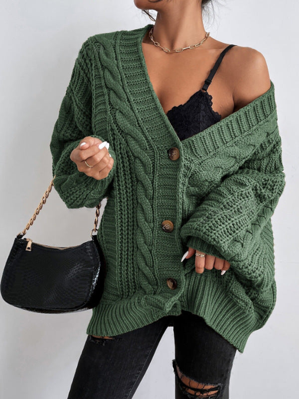 Chunky Cable Knit Balloon Sleeve Cardigan - Green