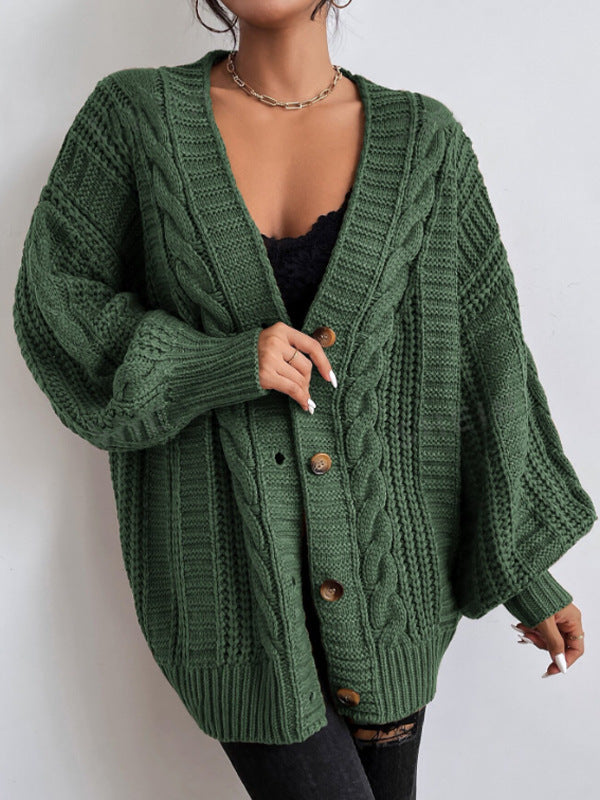 Chunky Cable Knit Balloon Sleeve Cardigan - Green - 1