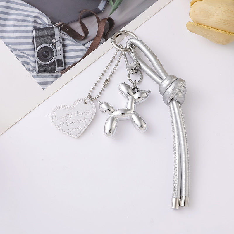 Balloon Dog Heart Tag Tassel Keychain - Silver