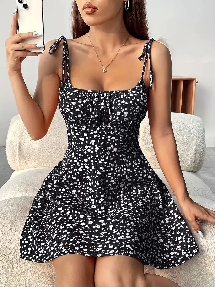 Floral Tie Strap Ruched Mini Dress - Black