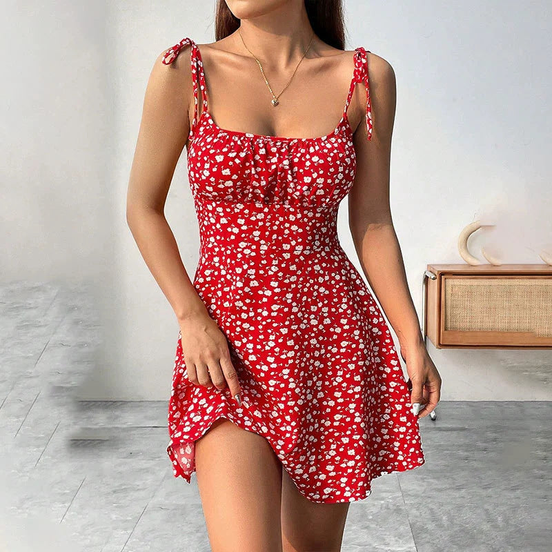 Floral Tie Strap Ruched Mini Dress - Red