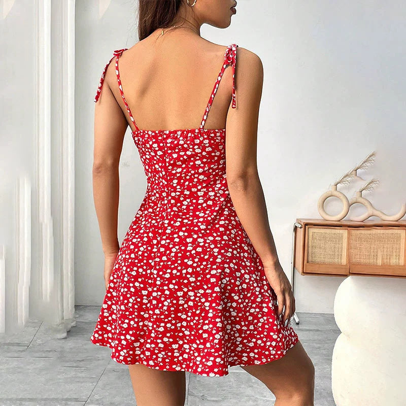 Floral Tie Strap Ruched Mini Dress