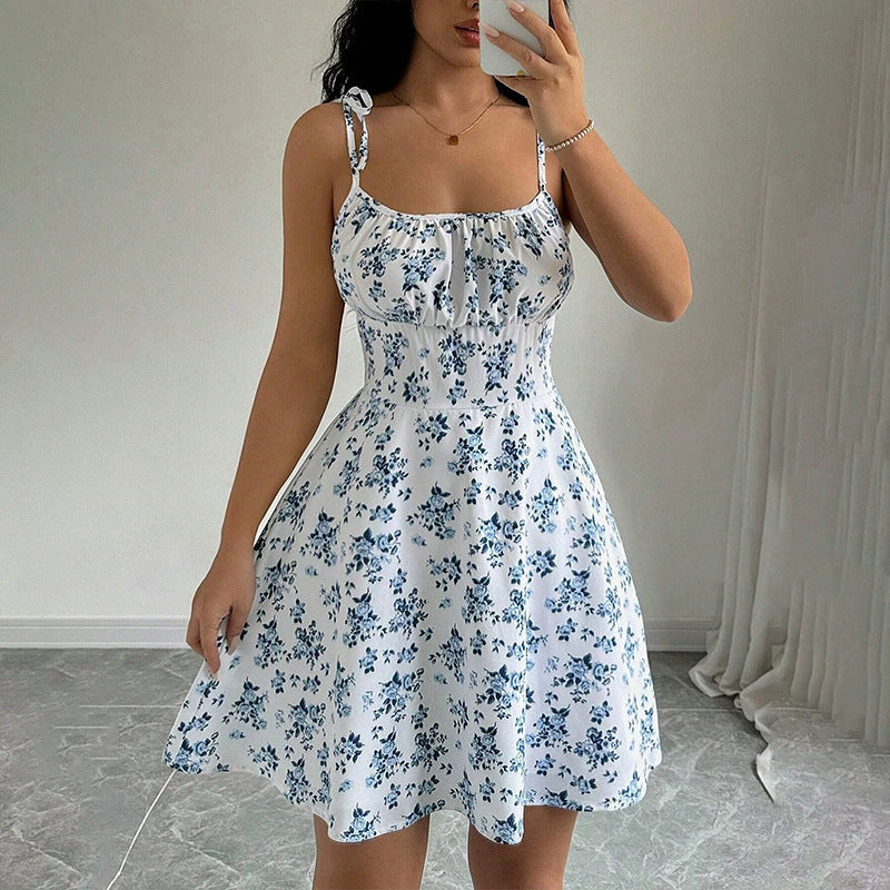 Floral Tie Strap Ruched Mini Dress - white