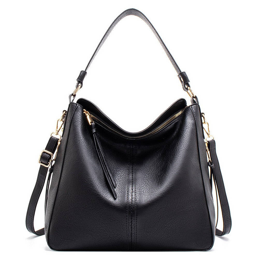 Slouchy Faux Leather Hobo Shoulder Bag - Black