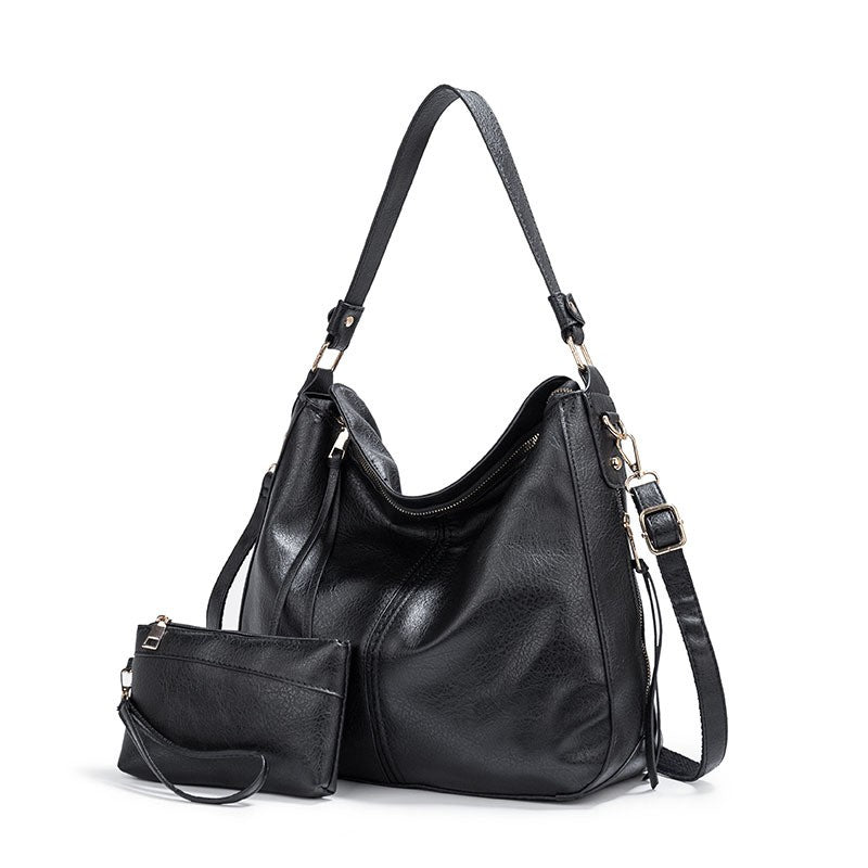 Slouchy Faux Leather Hobo Shoulder Bag - Black Set