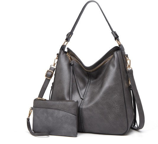 Slouchy Faux Leather Hobo Shoulder Bag - Gray Set