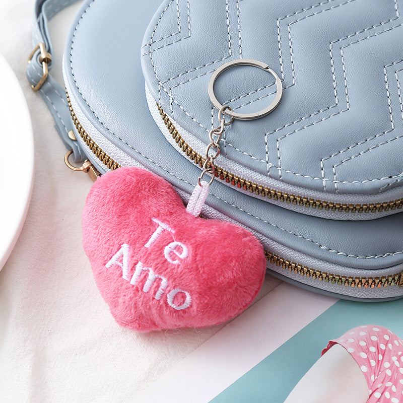 Plush Embroidered Heart Bag Charm Keychain - DarkPink