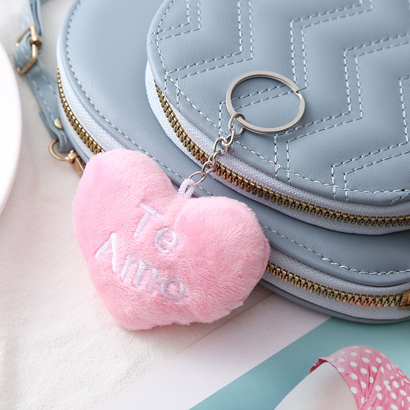 Plush Embroidered Heart Bag Charm Keychain - Pink