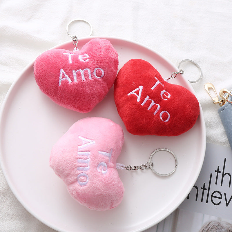 Plush Embroidered Heart Bag Charm Keychain
