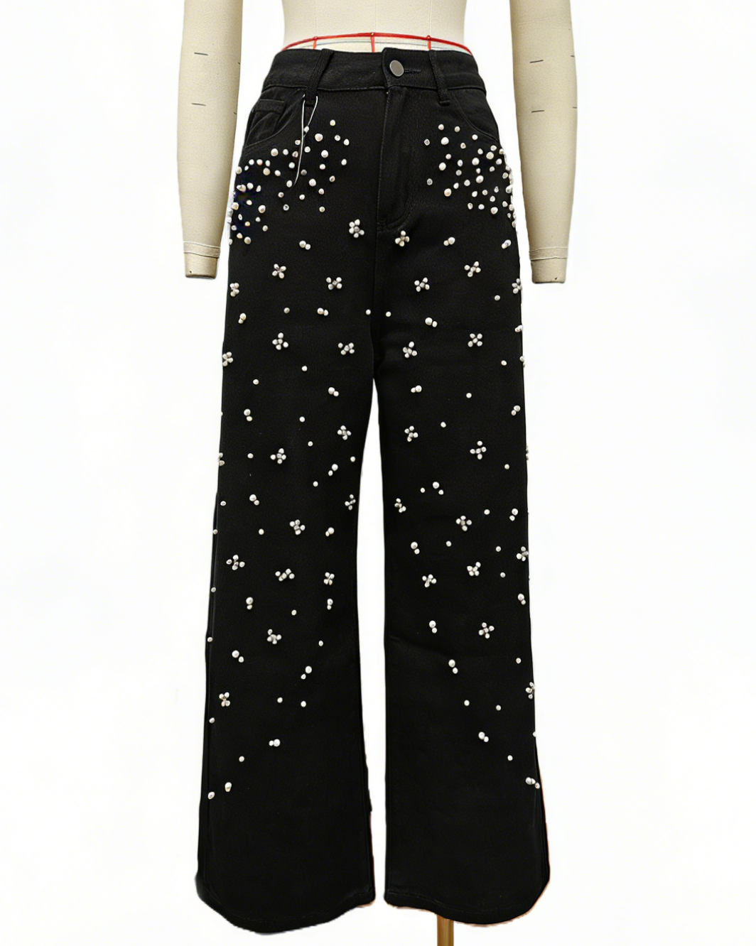 Pearl Embellished High Waist Straight Leg Jeans - Black