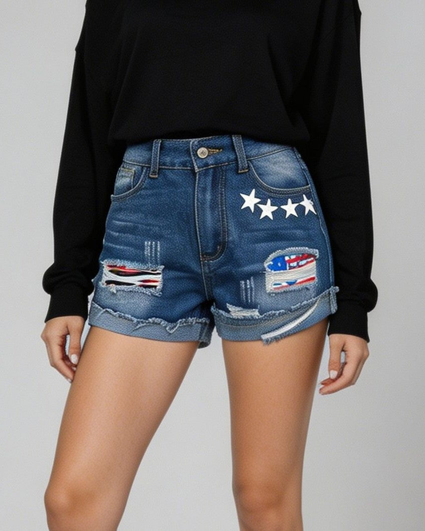 Distressed Denim Shorts With Star Flag Patches - Blue