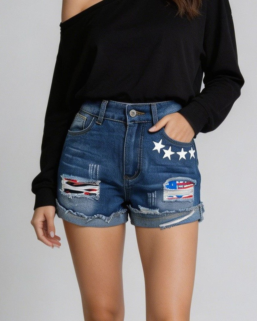 Distressed Denim Shorts With Star Flag Patches - Blue - 1
