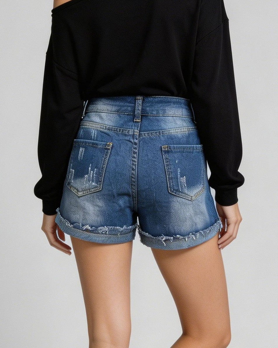 Distressed Denim Shorts With Star Flag Patches - Blue - 2