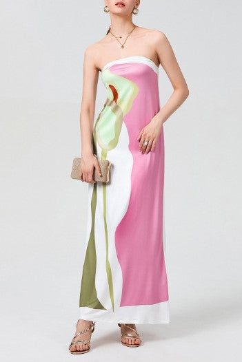 Abstract Lily Print Strapless Tube Dress - white