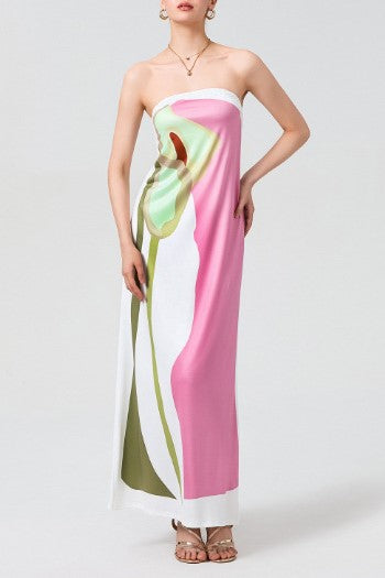 Abstract Lily Print Strapless Tube Dress - white - 1