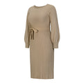 Balloon Sleeve Pleated Midi Knit Dress - Khaki