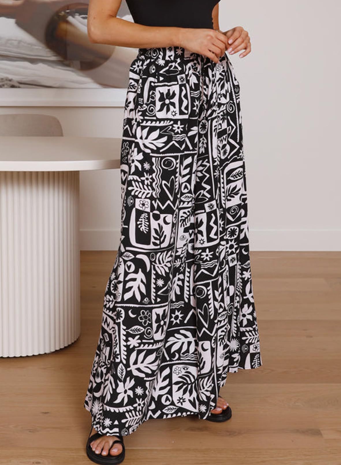 Printed Wide Leg Palazzo Pants With Drawstring - Black_01 - 1