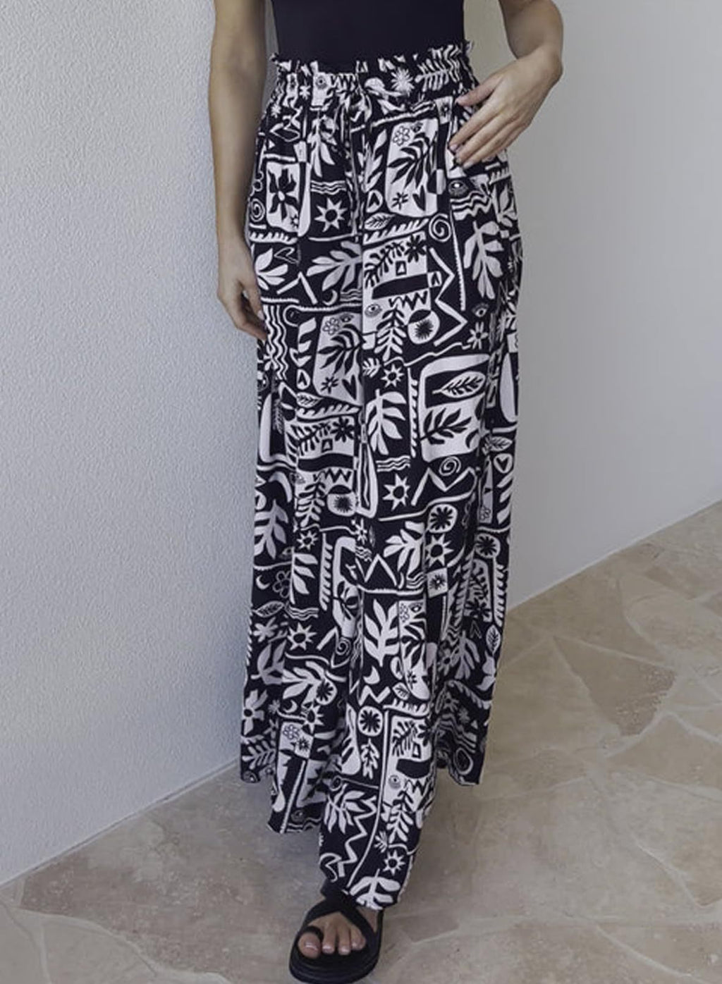 Printed Wide Leg Palazzo Pants With Drawstring - Black_01 - 3